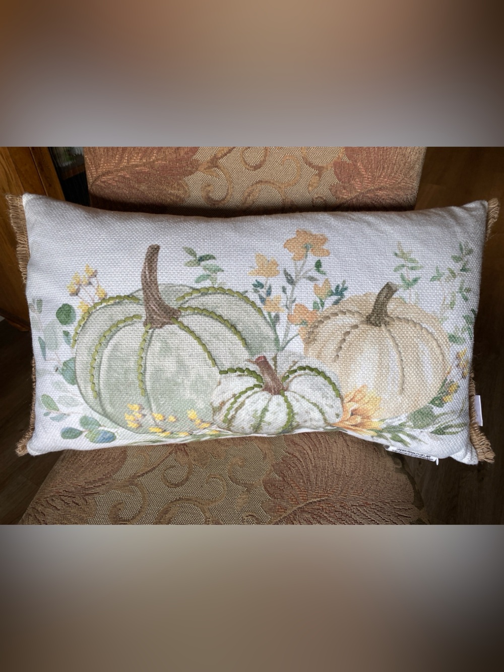 Autumn Pumpkin Lumbar Accent Pillow - White, Green & Cream